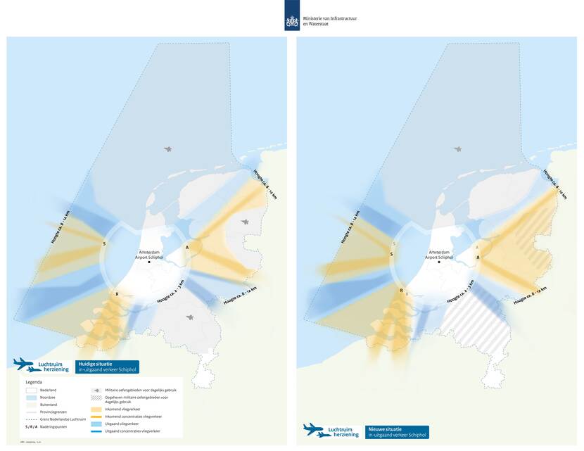 Afbeelding: Weergave van vliegverkeer van en naar Schiphol in de huidige situatie (links) en nieuwe situatie (rechts)